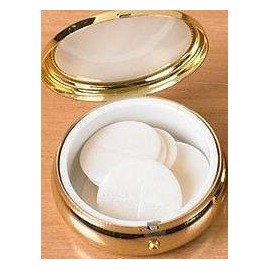 Pyx for Holy Communion Hosts 6.5 cm diameter x 2 cm deep. Eucharistic Minister Pyxes. Travelling Pyx.St Benedict Deisgn on Lid for Holy Communion. Saint Benedict Cross Design