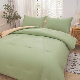 NINENINE Sage Green Comforter Set Queen,Light Green Bedding Set,Comforter Set for Women Men, Solid Color Camel Green Comforter Sets with 1 Comforter 2Pillowcases