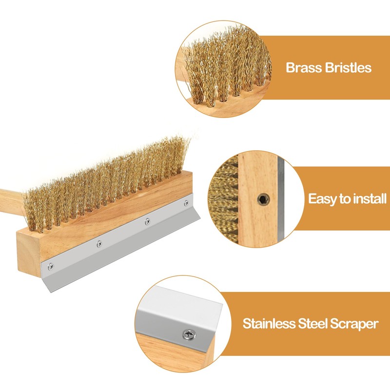 LRUI Pizza Oven Brush with Scraper,41-Inch Long Wood Handle Brass