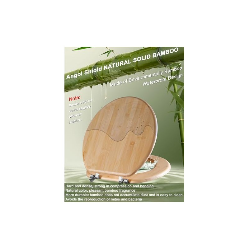 Round Bamboo Toilet Seat with Zinc Alloy Hinges, Easy to