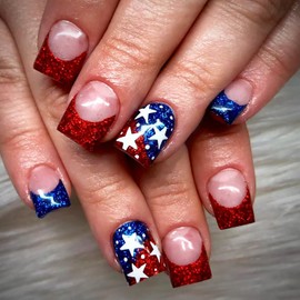 24Pcs 4th of July Press on Nails Short Square False Nails with Red Blue Nail Tip Design Glitter Press on Nails White Stars Design Acrylic Nails Stick on Nails for Women 4th of July Nail Art