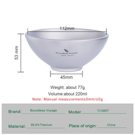 Boundless Voyage 220ml Titanium Double Walled Food Bowl for Adult Children Ultralight Portable Soup Rice Bowl Outdoor Camping Metal Durable Tableware Ti1085T