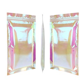 QQ Studio® 100 Pcs Resealable Holographic Packaging Bags Pink Clear Iridescent Sealable for Lip Gloss Eyelash Beauty with Round Hang Hole (6.25 inch x 9.5 inch)