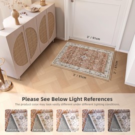 Deerly Washable Rug Small Area Rug 2'x3 for Entryway Kitchen Rug - Soft Rugs Boho Low Pile Non-Slip Rubber Backing Throw Rug Oriental Area Rug Fall Decor Rug(Border Brick Red 2x3ft)