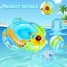 Baby Swimming Ring Dinosaurs, Inflatable Dinosaur Blue Swimming Float PVC Safety Aid Seat Circle Swim Boat Inflator with Steering Wheel for Age 6 Months to 3 Years Toddler Floating Training