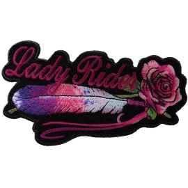 Ivamis Lady Rider Pink Rose and Feathers Small Iron on Biker Patch- 4x2.5 inch - P3944