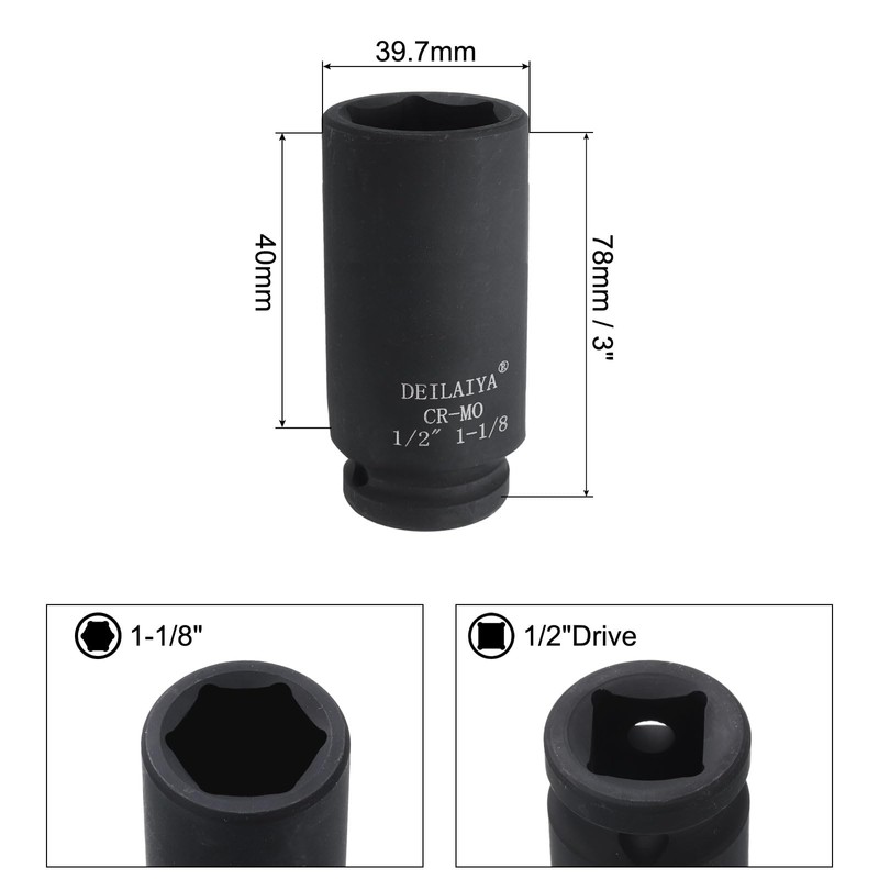 sourcing map 1-1/8 Inch SAE Deep Impact Socket 1/2 Inch
