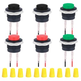 MKBKLLJY 6Pcs 16mm Red/Green/Black Momentary Push Button Switch SPST ON OFF Switch 3A 250V AC/6A 125V AC 2Pin Self-Resetting Round Switch with Locked Terminal Wires and Wiring cap for Car Boat Truck