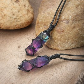 Natural Rainbow Fluorite Stone Obelisk Pendant Necklace Wrap Crystal Necklace