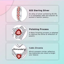 Sterling Silver 925 January Birthstone Charm Pendant for women Heart-shape Garnet Crystal Jewelry For European Style Bracelets and Necklaces