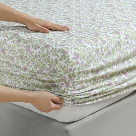 Martha Stewart Rachel Jacobean Floral 300TC 100% Cotton Percale Sheet Set, Green/Purple, 4 Piece - 1 Flat Sheet, 1 Fitted Sheet, 2 King Pillowcases, Breathable Cotton Printed Bed Sheets, King Size