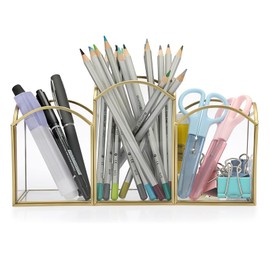 HARLIANGXY Glass Pen Holder Desk Organiser Gold Office Pencil Holder Organiser Metal Pen Holder Multifunctional Accessories Office Supplies Organisation Decor