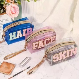 L'Aura Précieuse Laser pvc transparent makeup bag for women to carry embroidered letters in a waterproof toiletry bag - Color: Skin