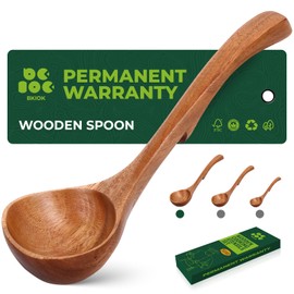 Bkiok Wooden Spoons for Cooking, Wooden Ladle for Soup, Large Size Teak Wood Kitchen Serving Spoon with Back Hooks Kitchen Utensils for Cooking Stirring Serving (11.2x3.2Inches)