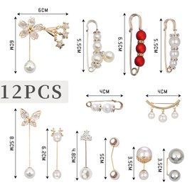Pearl Brooch Fashion, XiXiRan Pack of 12 Faux Crystal and Pearl Brooches, Women's Brooch Pin, Safety Pin Brooch Clips, Right Angle Cardigan Brooch Pin, Brooch Set, Pearl