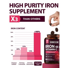 Iron Supplement for Women Men, High Potency Iron 65mg with Vitamin C 250mg, Stomach Friendly Iron Pills, Non-GMO & Gluten Free, 60 Vegan Tablets
