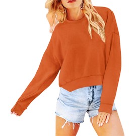 Joywayco Women's Long Sleeve Round Neck Cropped Sweatshirts Cute Loose Fit Pullover Tops (US, Alpha, XX-Large, Regular, Regular, Orange)