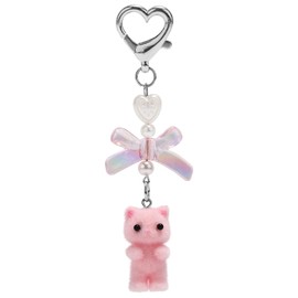 Cute Fuzzy Cat Keychain, Cat Charm Key chain Kitten Lover Gift Heart Bow Keyring Pendent Stuffed Kitty Animal Key ring for Women Backpack Purse Bag Phone Decorative Ornament Accessories(Pink)
