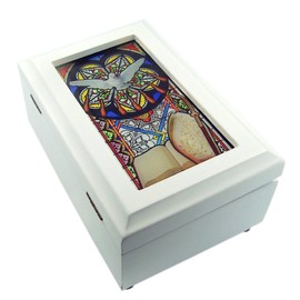 Jewelry Music Box Catholic Religious Confirmation Stained Glass White Wood Musical Jewelry Box, 6 1/2 Inch