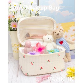 PAZIMIIK Quilted Makeup Bag Large Travel Zipper Soft Cosmetic Case for Women Girls Make Up,Cherry Beige