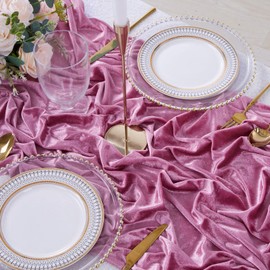 Velvet Table Runner for Wedding: 10ft Long Stretch Velvet Fabric - 29x120 Inches Dusty Rose Table Runners for Bridal Shower