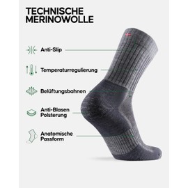 DANISH ENDURANCE Premium Merino Wool Hiking Socks, Outdoor & Trekking Socks, Thermal Socks, Strong Padding & Anti-Blister, for Men and Women, 2 Pairs, lightgrey