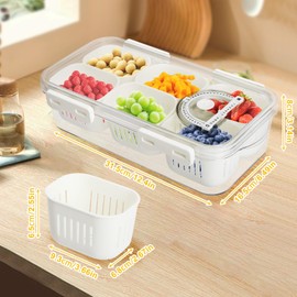 Yallmie Divided Veggie Tray with Lid for Fridge, Fruit Organizer for Refrigerator Drainable Divided Serving Tray with Lid, 6 Compartments Charcuterie Container for Vegetable, Egg (6 departments)