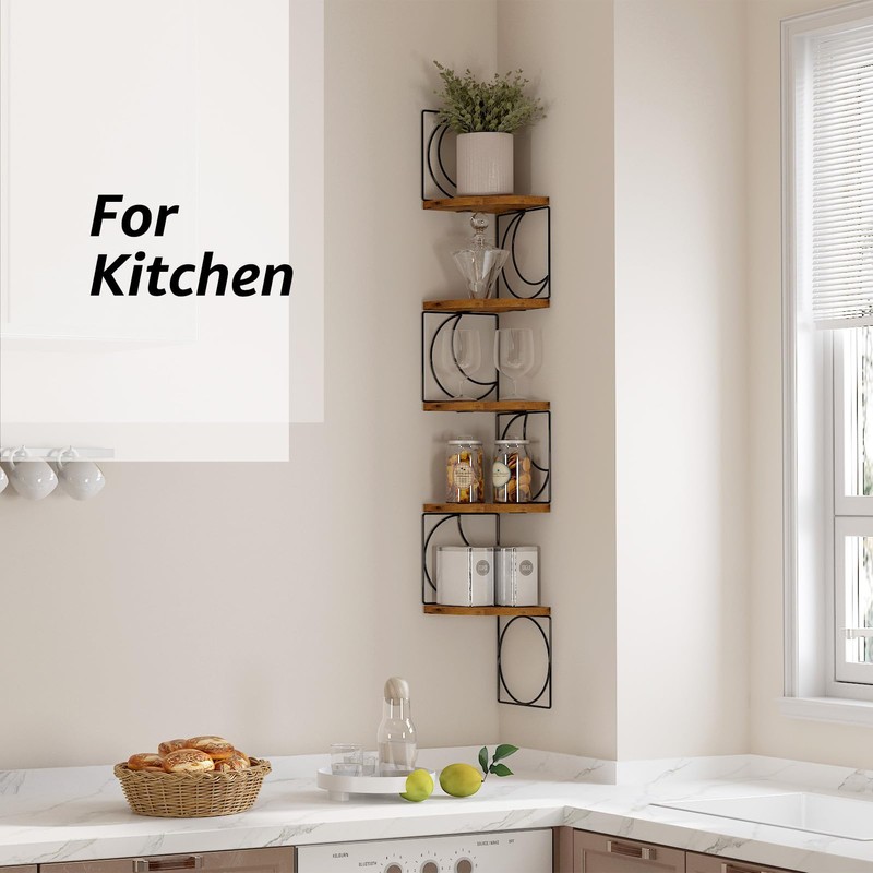 PHAREGE 5 Tier Moon Phase Corner Shelves Brown Black, Rustic