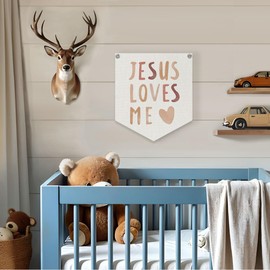 Lacama Nursery Decor,Bible Verse Sign-Scripture Decor-Baby Banner Shower Gift,Jesus Loves Me Christian Wall Hanging Banner Pennant Flag, Flag Decor Gifts for Baby Boys Girls Kids,12.4x14 in