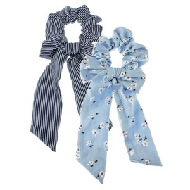 My Lello 2pcs Long Tail Bow Hair Scrunchies Print Variety Navy Stripe/Blue Floral