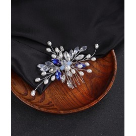 Denifery Bride Wedding Hair Combs Silver Crystal Sapphire Blue Hair Comb Beaded Headpieces Pearl Hair Accessories Jewelry for Women and Girls (Sapphire Blue)
