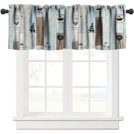 JanJCurt Rustic Farmhouse Valance, Vintage Country Colorful Blue Green Wooden Board with Cow Chicken Pig Windmill Dandelion Print Blackout Window Valance for Kitchen Living Room, 54x18in