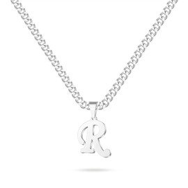 LUXEJEW Silver Male Necklace, Initial Pendant, Cuban Chain, Stainless Steel, 20+2.5in, for Men & Women, Dainty Jewelry Gift