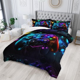Tuzaovy Gamer Comforter Set for Boys Queen Size - Video Game Bedding, Neon Gaming Room Decor