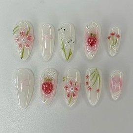 EYZOTSF Press on Almond Nails Medium Length Glossy Full Cover Acrylic Almond Shaped False Nails with Designs Artificial Fake Nail with Charms Glue Stick ons Fingernails for Women Girls(Z1094)