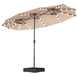 DREAMADE 15 ft Double-Sided Patio Umbrella w/Base Included, Large Outdoor Umbrella w/ 48 Solar Lights, Market Umbrella w/ 12 Sturdy Ribs & Crank System for Patio, Poolside, Garden, Beach