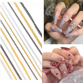 WOKOTO 12 Gold Black And Silver Metallic 3D Nail Chains Charms Punk Ball Beads Fingernails Nail Charms Bling Design Gold Silver Jewels Diy Craft Decoration Accessories Chain Nail Charms Jewelrys