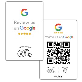 Google Review Tap Card by NUUBIZ - NFC & QR Code Sign - Works with All Smartphones - Tap & Scan Cards to Boost Reviews & Engagement -Promote Your Brand - white