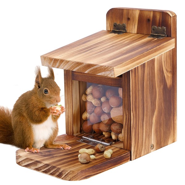 MIXXIDEA Wooden Squirrel Feeder Box, Sturdy Squirrel Feeding House with Thickness 1.5CM Wood, No Assembly Required, for Backyard Outside Garden (1 PCS)