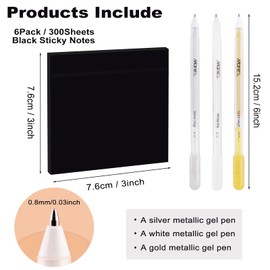 Sticky Notes 3 x 3 Inches, 6 Pads Black Self-Stick Notes with White Gold and Silver Gel Pens, 50 Sheets/Pad Sticky Note Easy Post for Office School Home Supplies