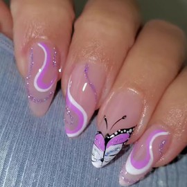 SWEKKE Press on Nails Medium Almond Purple French Glitter Butterfly Swirl False Nails 24 Pcs (12 Sizes, 24 Items, 1 Set)