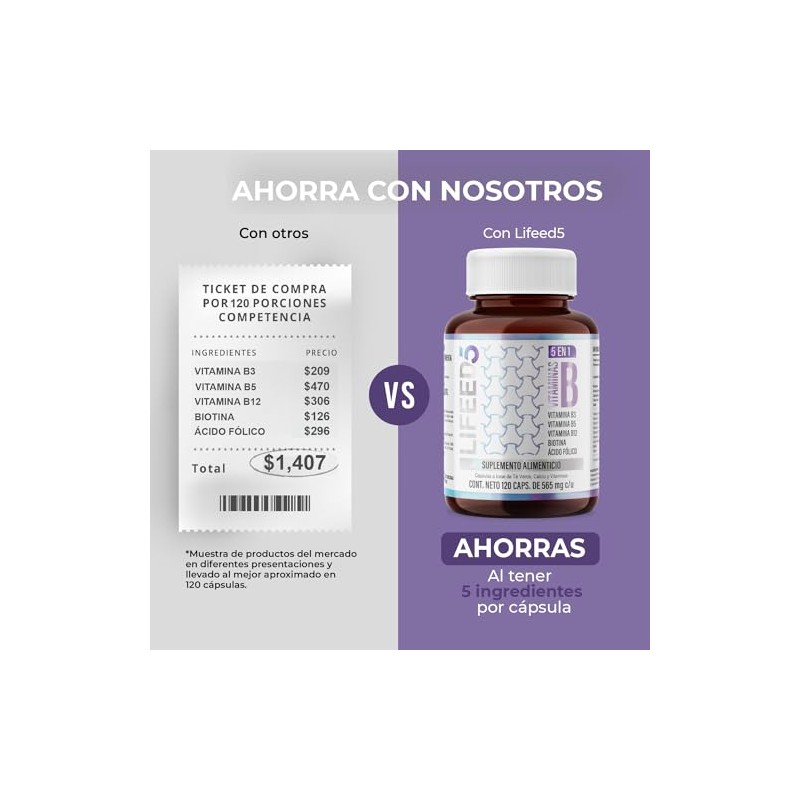 LIFEED5 Complejo B Vitaminas B1, B2, B3, B5, B6, B12