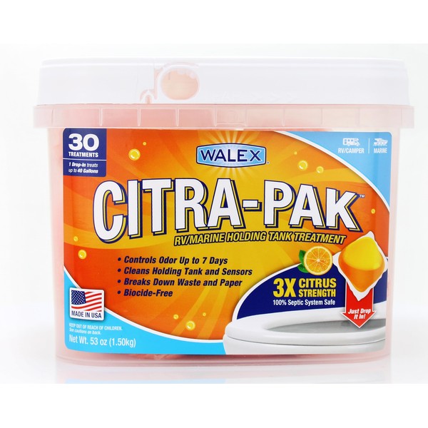 Walex Citra-Pak RV Marine Toilet Treatment Tank Deodorizer Controls Odors and Breaks Down Toilet Paper and Waste - Septic System Safe - Citrus Fragrance (30 Treatments) Made in USA