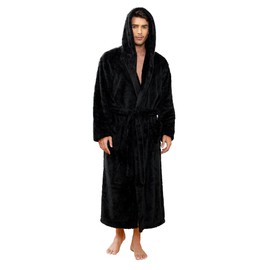 Vulcanodon Mens Robe Big and Tall with Hood, Full Length Plush Robe for Men Long Fleece Bathrobe(BLACK, 2XL/3XL)
