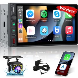 Wireless Double Din Stereo with Carplay and Android Auto - 7 Inch HD Touch Screen Car Audio Receivers with EQ/Mirror Link/FM/AM RDS Radio/USB/Fast Charging/SWC + 12 LED Rear View Camera