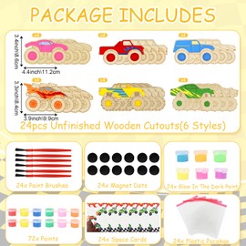 LARDUX Monster Truck Party Favors, 24PCS DIY Wooden Arts & Crafts Painting Kit for Kids, Glow in The Dark Party Favors Family Crafts Birthday Party Christmas Gifts Toys for Boys Girls