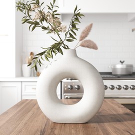 GarDream Cream White Donut Vase 9 Inch Hollow Ceramic Vase for Flowers Pampas Grass Home Decor, Modern Minimalist Boho Style Decorative Circle Vase for Living Room, Dining Tabletop, Office, Farmhouse