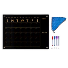 Black Acrylic Magnetic Calendar for Fridge - Magnetic Fridge Calendar - Acrylic Magnetic Dry Erase Board for Fridge - with 4 Chalk Pens-Cloth Eraser-Eraser Holder-Family Planner (15.7X 11.8, Inches)