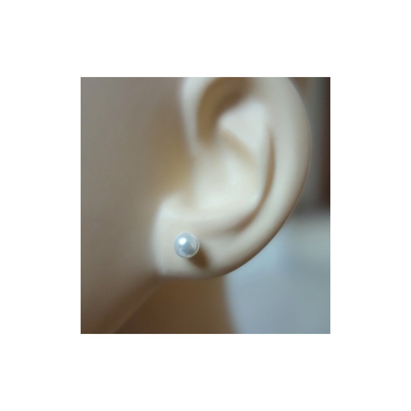 White Round Glass Stud Earrings - 925 Sterling Silver -