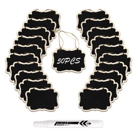 DSIOHFEI 50Pcs Mini Chalkboard Signs, 3.35 x 2.36 inch Double Sided Hanging Message Boards with Marker, Small Wooden Blackboards for Food Labels, Wedding Place Cards, Table Numbers, Party Buffet